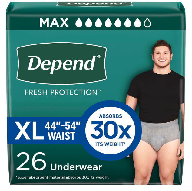 Depend Fresh Protection Adult Diapers, Incontinence Underwear for Men, Disposable, Maximum, Extra-Large, Grey, 26 Count, Packaging May Vary
 2 pack 52 total count