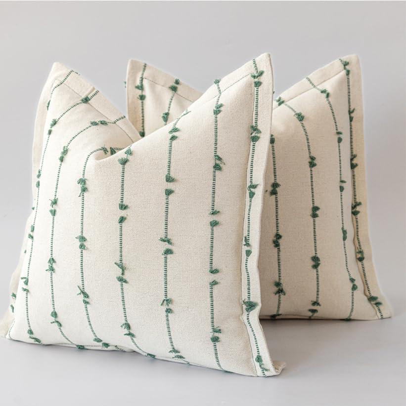 LANANAS Decorative Throw Pillow Covers 18x18 Set of 2 for Couch Sofa Bed Living Room Neutral Farmhouse Boho Modern Accent Home Decor Cushion Covers (Sage Green, 18x18 Inch)