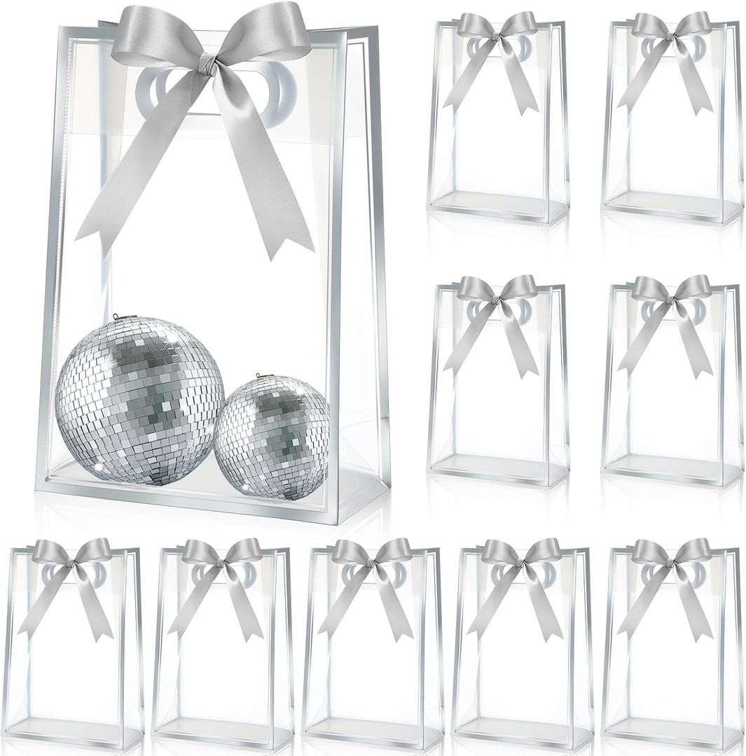 Aliceset 12 Pcs Clear Plastic Gift Bag with Die Cut Handles Reusable PP Favor Bag with Ribbon for Fall Thanksgiving Day Christmas Wedding Bridal Baby Shower Small Business, 7x10x3.15 Inch (Silver)