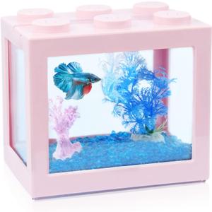 Small Betta Fish Tank, Stackable Mini Fish Tank Aquarium Tank Kit, 3/5 Gallon Rectangular Fish Bowl with Aquarium Gravel Decoration, Tiny Cube Tank for Seaweed Balls Sea Monkeys (Pink)