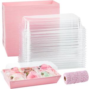 ZORRITA 50 Pack Paper Charcuterie Boxes with Clear Lids, 7.5 Inch Small To Go Treat Containers for Desserts, Cookies, Sandwich, Pastry, Strawberries and Cupcakes (Pink)