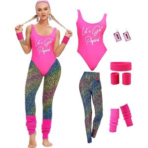 MIAIULIA Womens 80s Workout Costume Outfit 80s Accessories Set Leotard Neon Legging Headband Wristbands Set (Small, Let's Get Physical Pink)