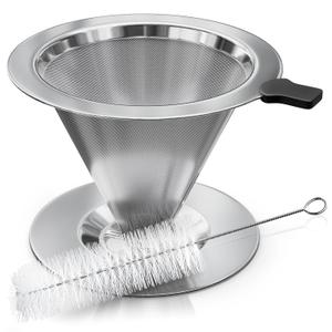 Stainless Steel Pour Over Coffee Maker With Cleaning Brush & Non-Slip Silicone Handle - 2 Cups Capacity Stainless Steel Pour Over Coffee Dripper With Secure Wide Base, Clean Flavor Paperless