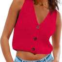 Saodimallsu Womens Cropped Sweater Vest V Neck Button Down Y2k Crop Knit Summer Trendy Sleeveless Chunky Tank Tops (Red)