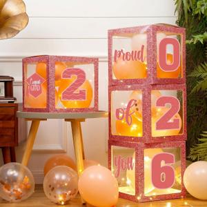 Jerify 44 PCS Graduation 2026 Box Decorations with Balloon & LED Light Strings - Congrats Grad Proud of You Balloon Boxes Party Supplies for Class of 2026 School College Decor(Pink)