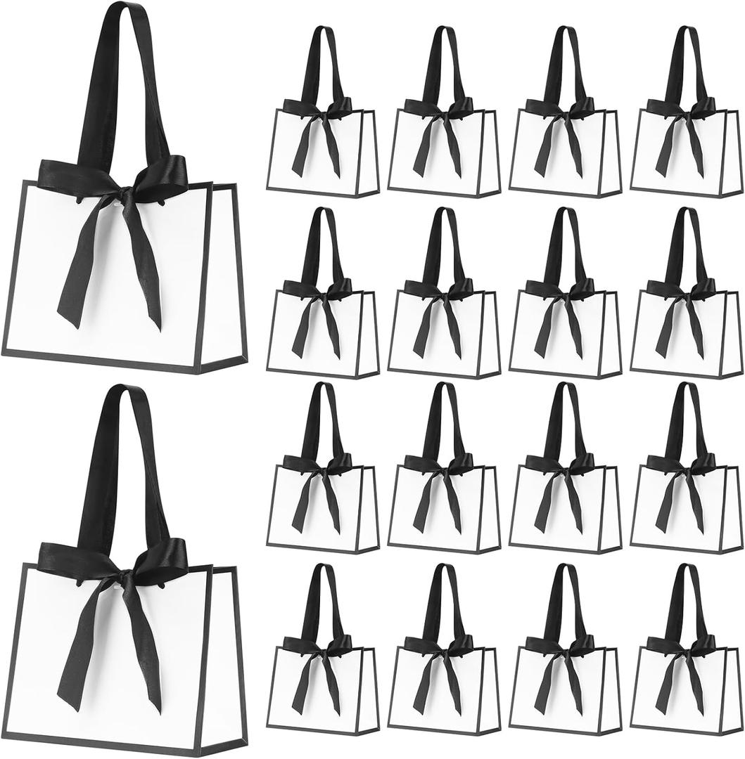 QIELSER 30pcs Small White and Black Gift Bags with Handles 6.3x3.1x5.1 Inches Thank You Bags with Bow Ribbon for Party Favors, Birthday Gifts, Weddings, Baby Showers, Goodie Bags