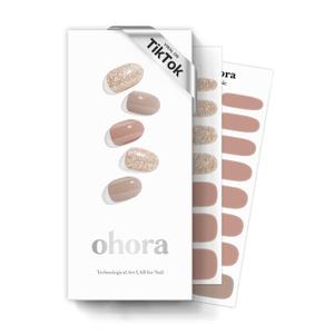 ohora Semi Cured Gel Nail Strips (N Carmel) - Nude, Glitter, Works with Any UV/LED Lamps, Salon-Quality, Long Lasting, Easy to Apply & Remove - Includes 2 Prep Pads, Nail File & Wooden Stick (04. N Carmel)