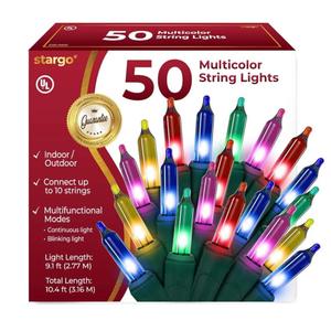 Warm Multi Color Christmas Tree Lights - 9 ft String of 50 Incandescent Mini Bulbs Multifunctional Lighting Modes, for Decorative, Bedroom, Outdoor, Xmas Twinkle Lights with Green Wire Total 10.4 ft