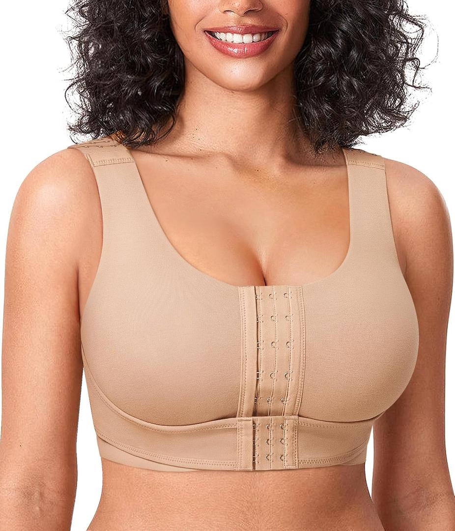 BRABIC Front Closure Bras for Women Post Surgery Compression Mastectomy Surgical Support Wireless Full Coverage Bra (Medium, Light Brown)