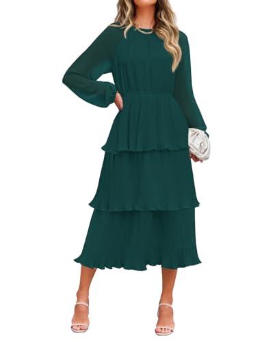 ZESICA Women's 2025 Long Sleeve Crew Neck Ruffle Tiered Layered Chiffon Flowy Swing Long Midi Dress,DarkGreen,Medium