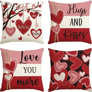 AVOIN colorlife Valentine's Day Hugs and Kisses Love You More Throw Pillow Covers, 20 x 20 Inch Valentine Heart Stripes Wedding Cushion Case Decoration for Sofa Couch Set of 4 (Red)