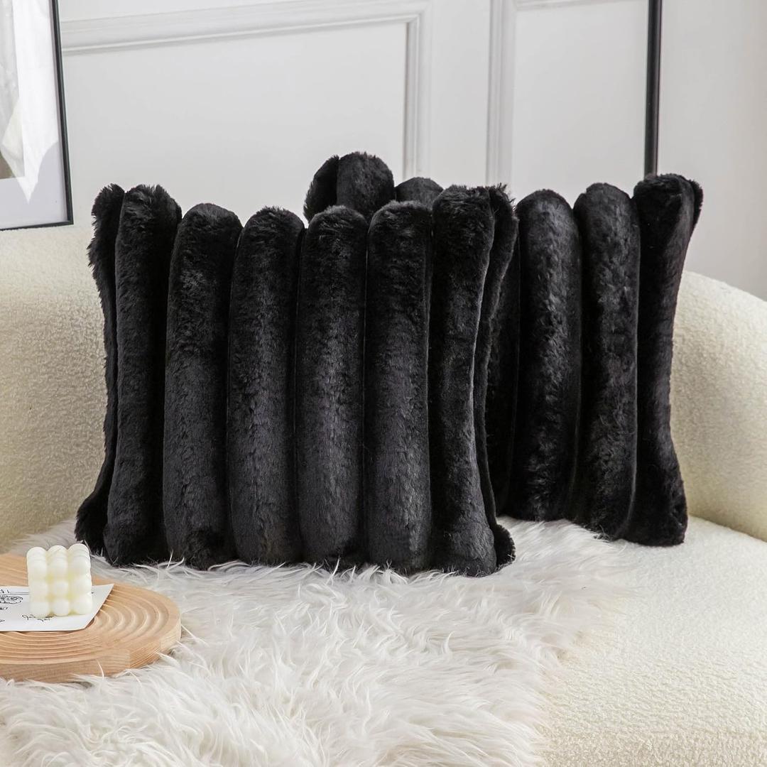 Neelvin Black Faux Fur Cozy Soft Striped Decorative Throw Pillow Covers 18x18 inch Set of 2,Velvet Pillowcase Cushion Case for Sofa Couch