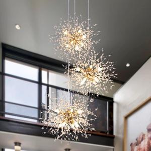 Wellmet Dandelion Chandelier 3 Lights, Firework Chandelier Cluster Pendant Light, Mid Century Modern Ceiling Lighting Gold Crystal Chandelier for Staircase, Dining Room, Hallway, Entryway, Foyer