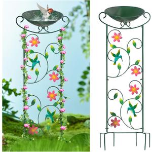 HONGLAND Metal Bird Bath with Trellis, 35" Outdoor Garden Birdbath with Detachable Bowl & Climbing Plant Support, Decorative Bird Feeder Station with Hummingbird for Yard, Patio, Fence