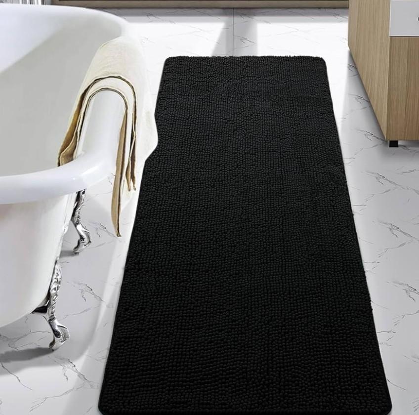 LOCHAS Luxury Bathroom Rug Shaggy Bath Mat 24 x 60 Inch, Washable Non Slip Bath Rugs for Bathroom Shower, Soft Plush Chenille Absorbent Carpets Mats, Black