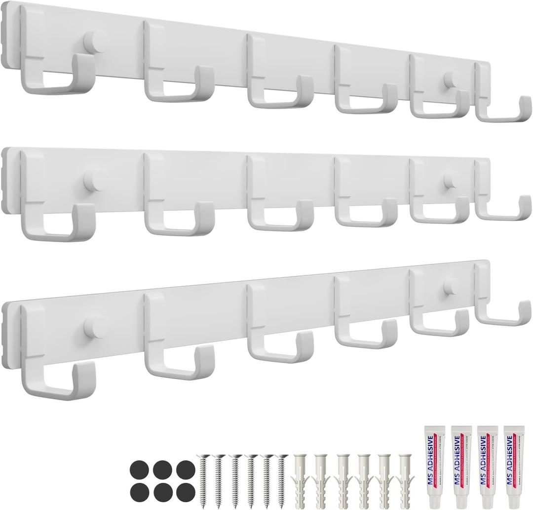 Coat Rack Wall Mount (3 Pack), Heavy Duty Wall Coat Hanger with 6 Coat Hooks for Entryway, Bedroom, Closet, Hanging Hats, Bags, Purses Jacket (White)