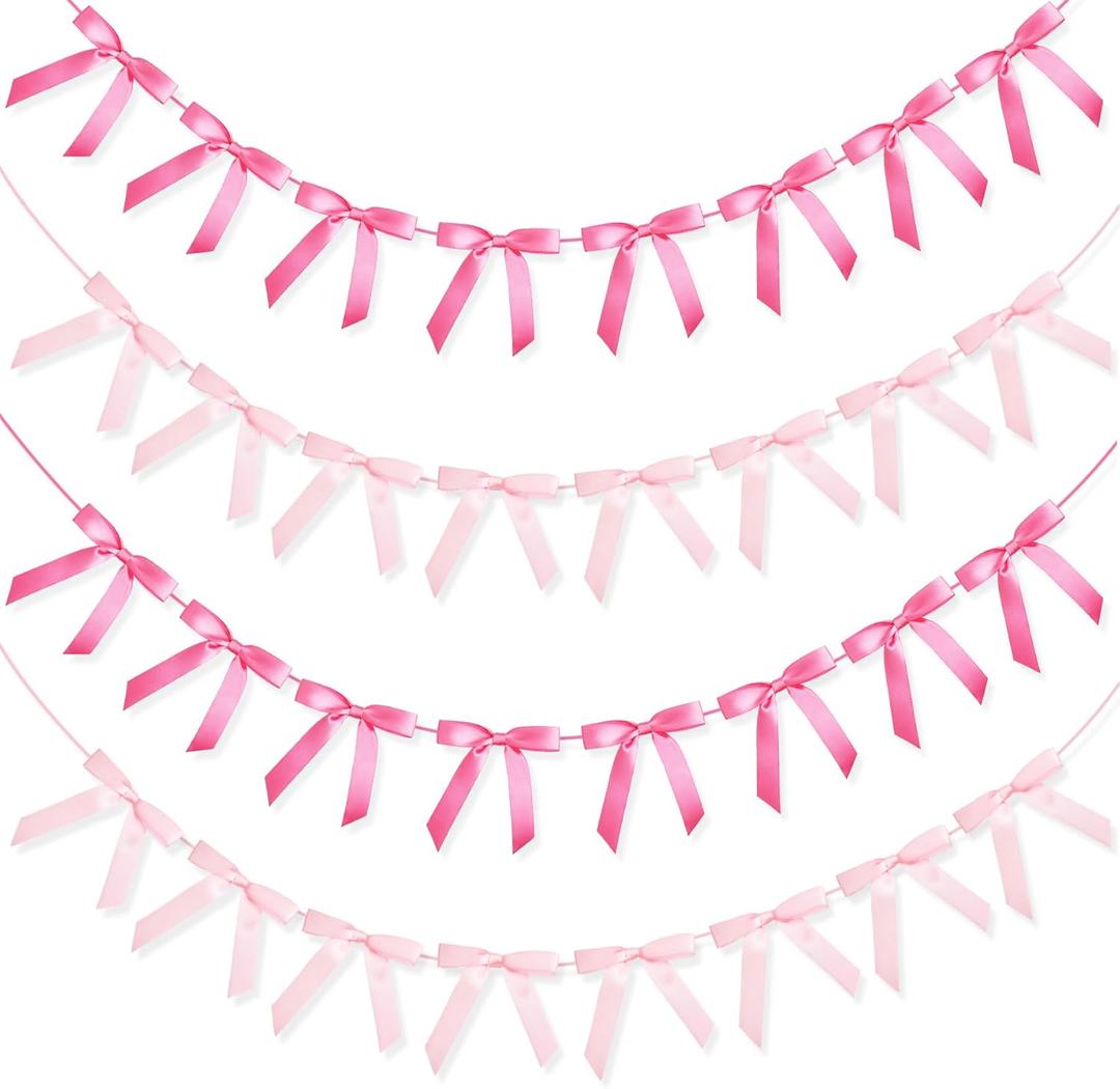 4 Pcs Pink Bow Garland Banner, Pre Strung Pink Coquette Party Decortions for Girls Bow Birthday Decorations, Bachelorette Party Decorations, Bridal Shower