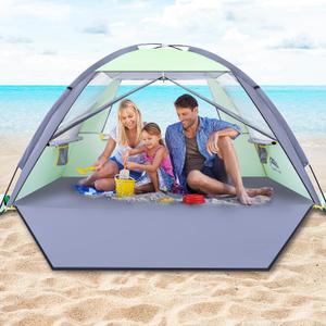 Happy Travel Beach Tent Sun Shelter for 3/4/5/6/7/8 Person, Portable UPF 50+ UV Protection Beach Shade Canopy for Family & Baby, Lightweight & Easy Setup Beach Cabana with 3 Ventilation Mesh Windows (Swans Down)