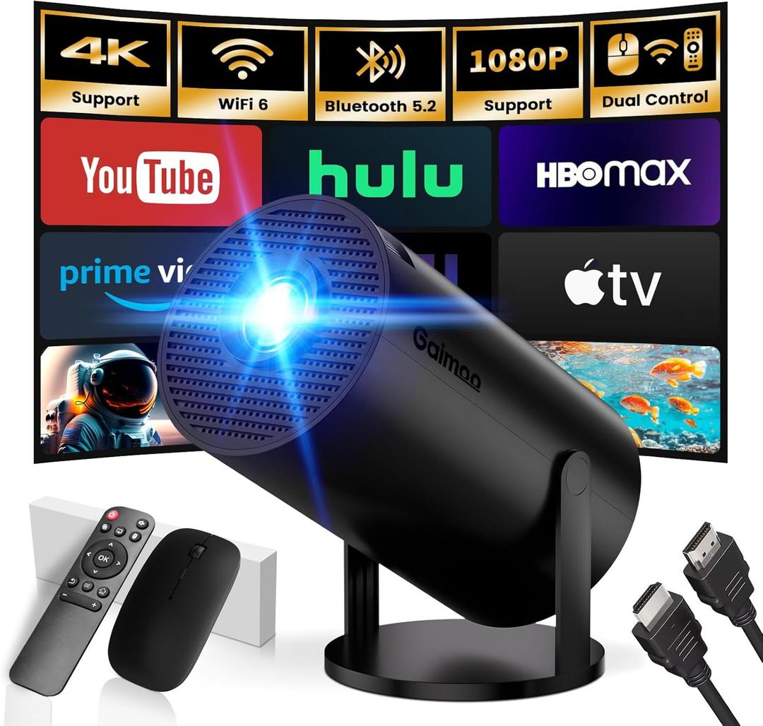 [Built-in App & Smart Projector] Mini Projector 2026 Upgraded Support 4K 1080P FHD Portable Projector WiFi 6 BT5.2 180 Keystone Compatibile with HDMI/TV Stick/Memory Stick/Laptop, Black