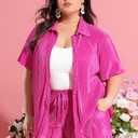 TIYOMI Women's Plus Size 2 Piece Sets for Women 3X Suits Hot Pink Lounge Set Short Sleeve Button Down Outfits Pleated Top & Wide Leg Pants Textured Summer Shorts Streetwear 3XL 22W 24W