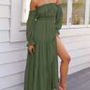 ZESICA Women's Boho Off Shoulder Wedding Guest Dress 2026 Spring Summer Side Split Flowy A Line Long Maxi Dresses (Green, M)