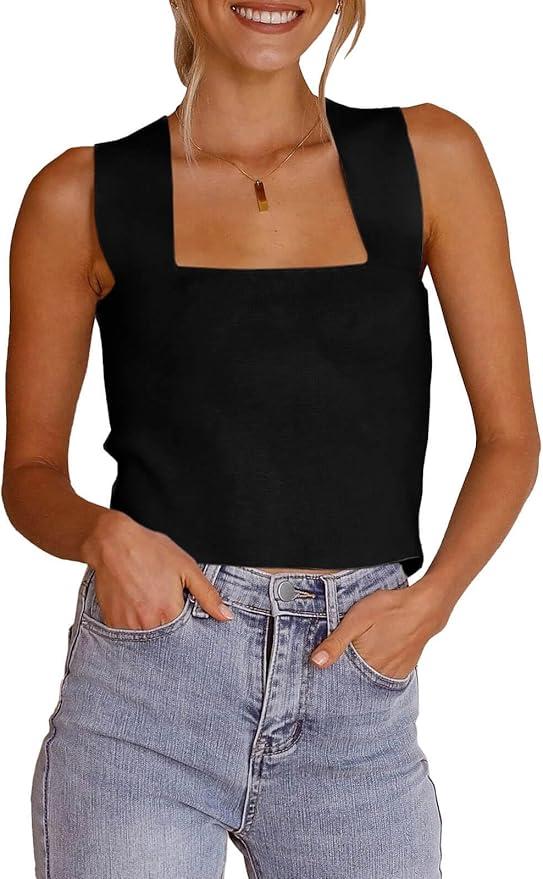 Zwurew Women's Knit Square Neck Tank Tops 2026 Summer Casual Sleeveless Sweater Fitted Shirts Tanks, Black Small