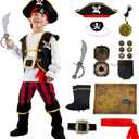 VEXOOM Pirate Costume for Kids,Halloween Boys Pirate Outfit with Accessories Cosplay Party Dress Up Themed Party (Small(5-7 yrs))