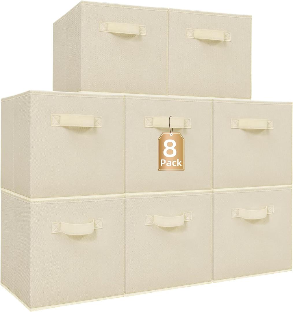 STORAGE MANIAC Storage Cubes, 11 Inch Collapsible Storage Bins with Handles, 8 Pack Fabric Foldable Bins for Organization, Durable Storage Bins for Closet, Shelves, Offices, Toys, 8-Pack Beige