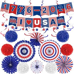 3 x 4th of July Decorations Set – USA 250th Anniversary Patriotic Red White Blue Paper Fans, Banner, Pom Poms & Hanging Swirls for Independence Day