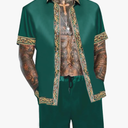 Men's Hawaiian Shirt and Short Set 2 Piece Outfits Luxury Printed Casual Button Down Short Sleeve Satin Shirt Suits L