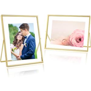 8x10 Picture Frame set of 2 (Gold, Horizontal + Vertical) for 5x7 6x8 with Floating Effect, for 8 x 10 without Floating, Double Real Glass Photo Frames Only for Tabletop