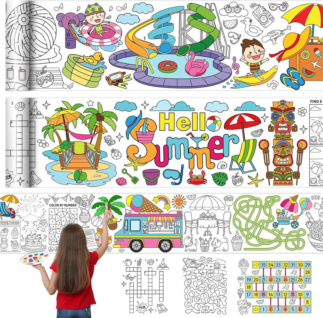 Janlaugh 3 Pack Summer Coloring Game Poster for Kids 118x11.8 Inch Fun Game Drawing Paper Roll Giant Coloring Posters Jumbo Summer Decoration for Classroom Activities Party Supplies