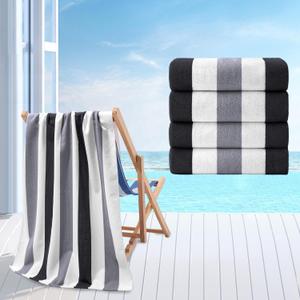 Beach Towel Set-4 Pack 30"x60" Sand Free Stripe Beach Towel for Pool,Bathroom,Soft Absorbent Quick Dry Lightweight Beach Bath Towel,Camping Blanket,Travel Towel,Beach Essentials for Adults,Grey/Black