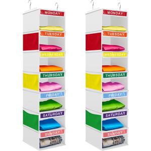 Amylove 2 Pcs 7 Shelf Weekly Clothes Organizer for Kids Hanging Closet Organizer 11. 8 x 11. 8 x 50 Inches Daily Activity Kids Clothes Storage Drawers Cube Drawers Closet Hanging Shelves(White)