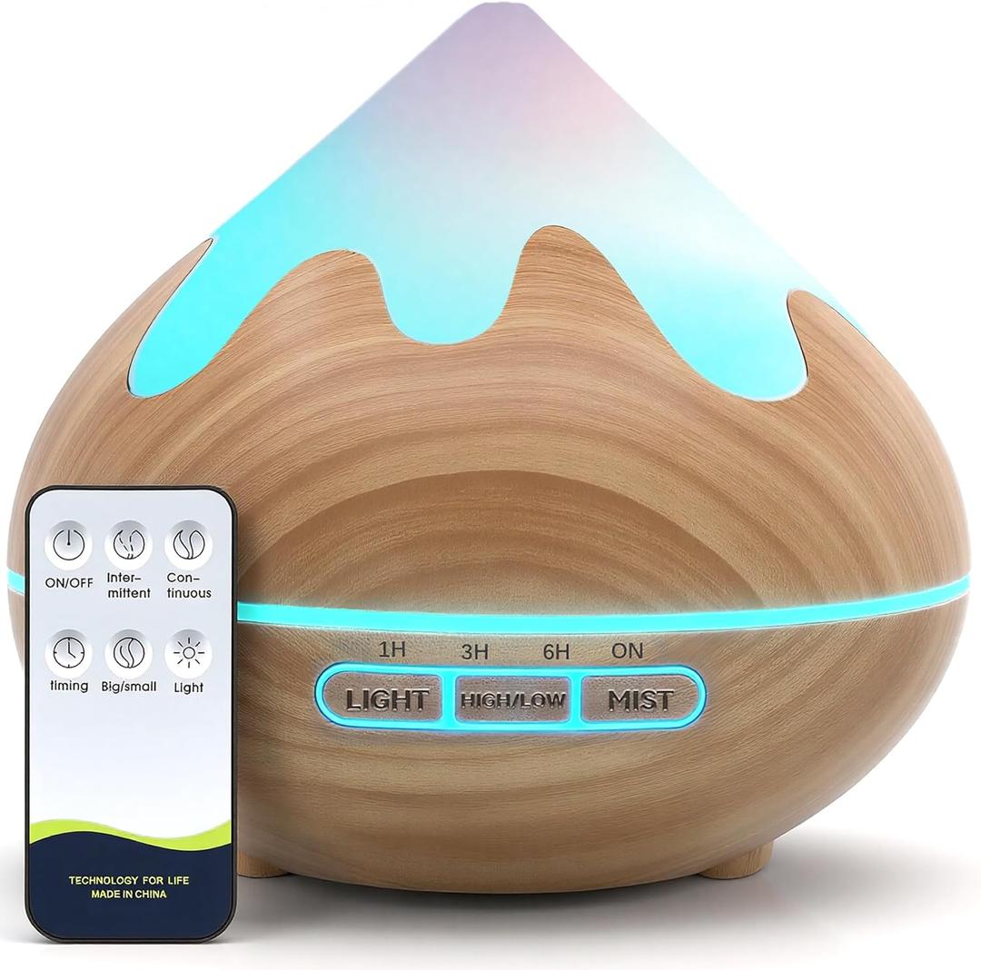 Essential Oil Diffuser for Home 500ML, Ultrasonic Large Diffuser Oil Machine with Remote Control, Aromatherapy Diffusers for Home Office Room, Aroma Diffuser with 14 Color LED & 2 Mist Mode, Brown