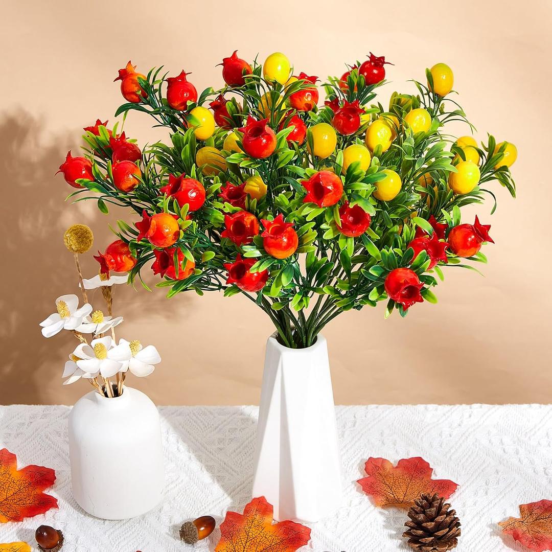 4 Pcs Artificial Lemon Pomegranate Branches Faux Pomegranate Fruit Stem with Green Leaves Fake Lemon Decoration 12'' High for Kitchen Home Hotel Table Farmhouse Fall Centerpieces Decor