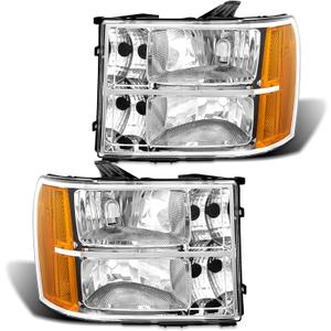 for 2007 2008 2009 2010 2011 2012 2013 2014 Sierra Headlight Assembly compatible with 07-13 GMC Sierra 1500/07-14 GMC Sierra 2500HD 3500HD Chrome Housing Headlamp Replacement L+R