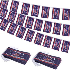 2 Pack USA Anniversary 250th Flag Banner Small Mini American 1776-2026 Bunting Garland Flag Patriotic Decorations for 4th of July Outdoor Front Door Porch Wall66 Feet 60Pcs 5x8Inch