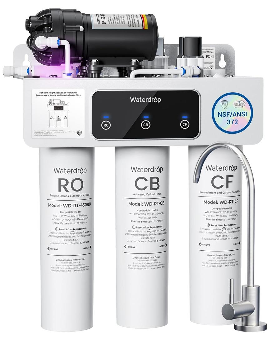 Waterdrop T3-C Reverse Osmosis Water Filter, NSF/ANSI 372 Certified, 8-Stage Under Sink RO Water Filter, 450 GPD Tankless Water Filtration System, 2:1 Pure to Drain, BPA Free, Plug-in Required