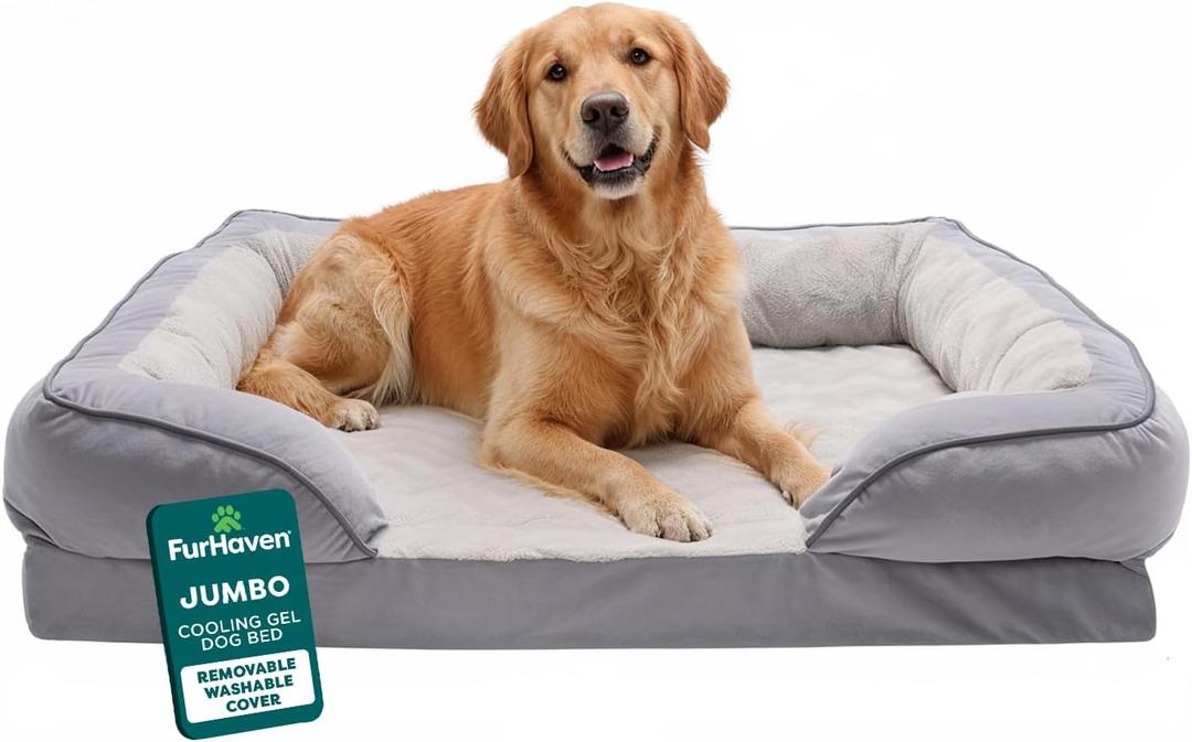 FurHaven Cooling Gel Dog Bed for Large Dogs, Perfect Comfort Sofa Bed with Cool Gel-Top Foam with a Solid Orthopedic Foam Base for Joint Support, Washable Cover, Jumbo XL, Plush & Velvet, Granite Gray