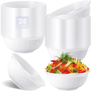 100 Pack 24 oz White Disposable Plastic Bowls Heavy Duty Microwave Safe Soup Bowls Stackable Large Serving for Salad Dessert Parties Birthdays Weddings & Catering