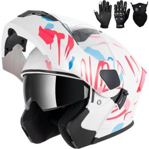 Adult Modular Motorcycle Helmets, DOT Approved Flip up Dual Visor Full Face Helmet for Men Women Moto ATV UTV Snowmobile ADV Four Wheeler Street Bike with Gloves & Mask, Pink Blue White XL