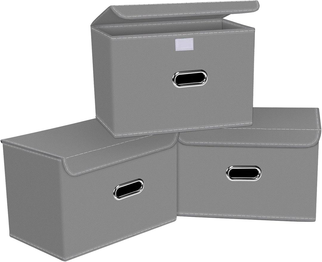 Linen Fabric Foldable Collapsible Storage Cube Bin Organizer Basket with Lid, Leather Handles, Removable Divider for Home, Closet (Grey, 3Pcs)