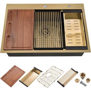 Gold Kitchen Sink Drop-In Anomla 27x22 Drop In Kitchen Sink Top Mount Workstation Sinks 16 Gauge Brushed Gold Stainless Steel Single Bowl Deep Sinks with Cutting Board