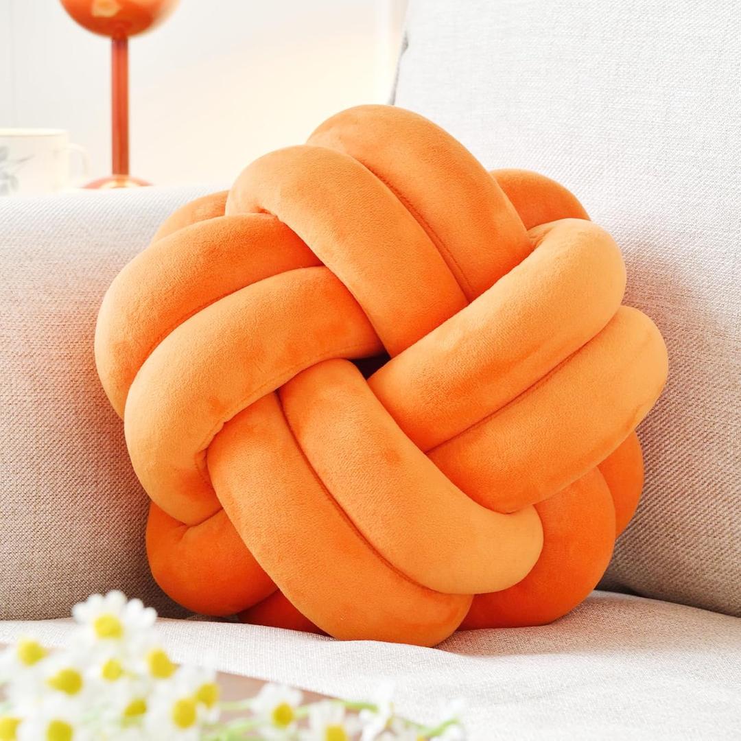 Knot Ball Pillow, Round Decorative Throw Pillows Cushion, 8 Inch Orange Soft Plush Knotted Pillows Pillow, Modern Home Throw Knot Decorative Cushion
