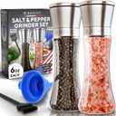 Premium Salt and Pepper Grinder Set of 2 - Two Refillable Stainless Steel Sea Salt & Spice Shakers with Adjustable Coarse Mills - Easy Clean Ceramic Grinders w/BONUS Silicone Funnel & Cleaning Brush