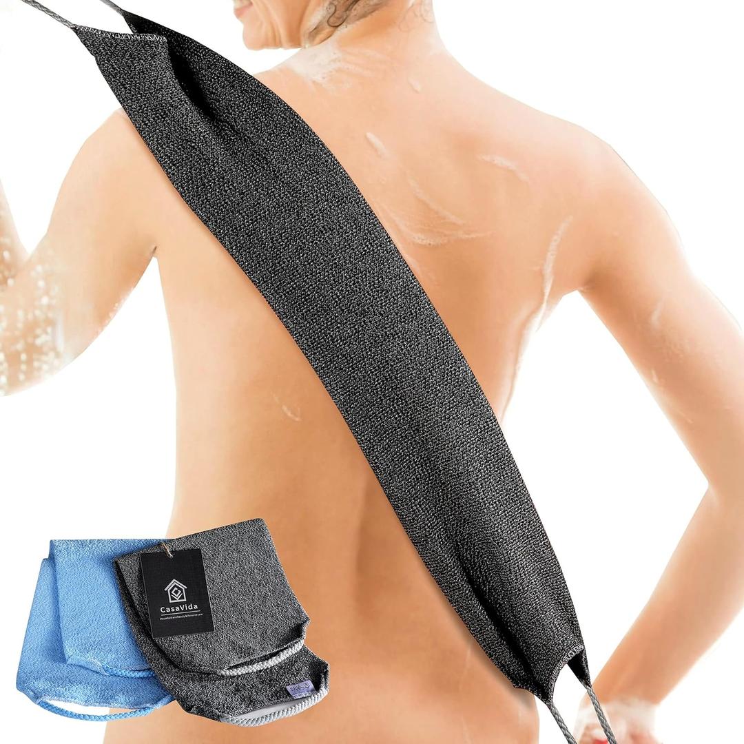 CASAVIDA Back Scrubber for Shower Nylon Bath Towel Washer Exfoliating Washcloth Rear Japanese Stretchable Strap Wash Cloth Body Exfoliation 2 Pack (Blue + Charcoal Gray)