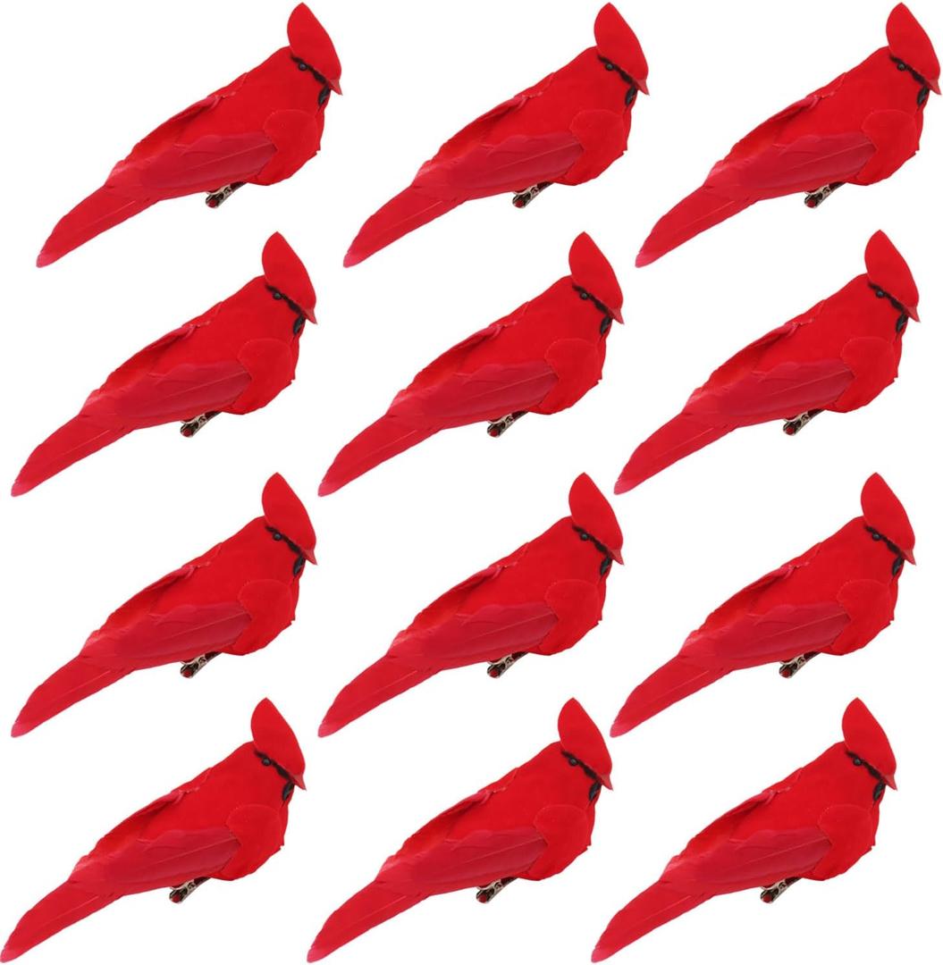 12 Pack Red Cardinals Ornaments Red Birds Cardinal Clip On Christmas Tree Ornaments Artificial Red Birds with Feathers for Christmas Decorations Wreaths Centerpieces Crafts, 2.7 inch tall by 5.1 inch length from beak to tail