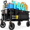 Navatiee Big Wheels Collapsible Wagon Cart Foldable, Heavy Duty Beach Wagon with Silent All-Terrain Wheels, Folding Utility Grocery Cart with Side Pocket and Brakes for Camping Garden Sports, Black