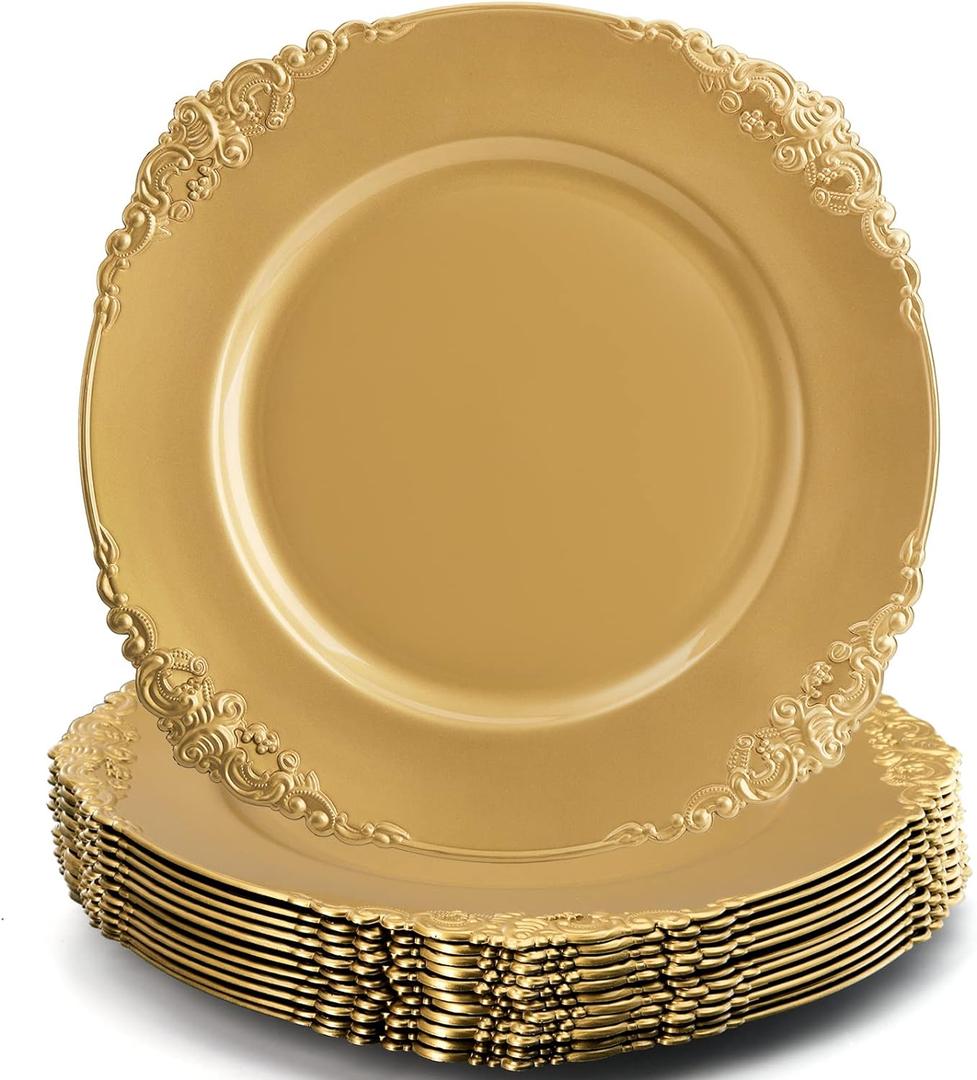 Okllen 12 Pack Gold Charger Plates, 13" Round Dinner Charger Plates with Embossed Rim for Catering, Wedding, Tabletop Decor